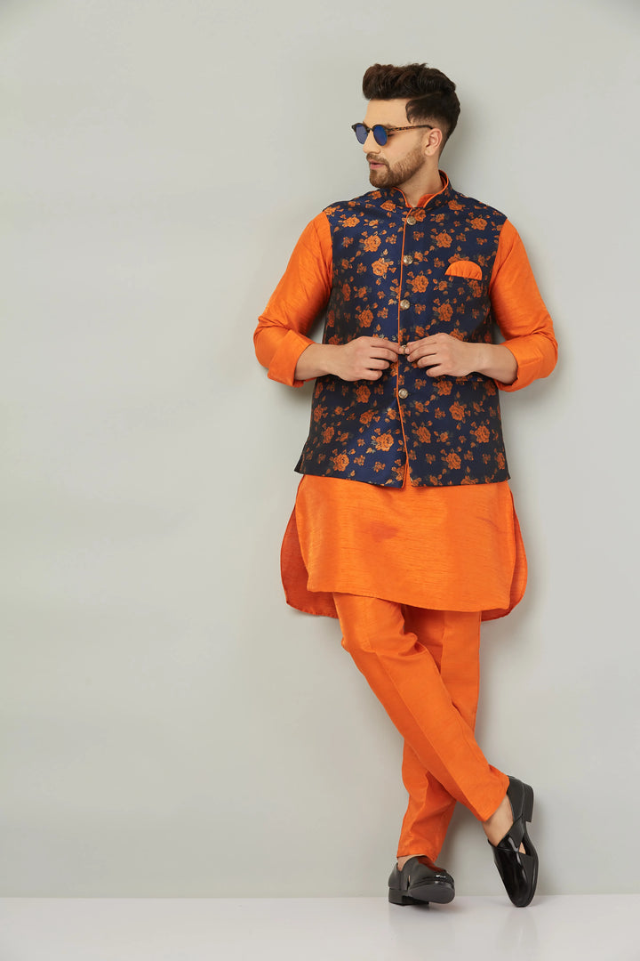 Tangerine Sophistication Orange Nehru Jacket Kurta with Pant Set for Men – Elevate Your Style with Vibrant Elegance