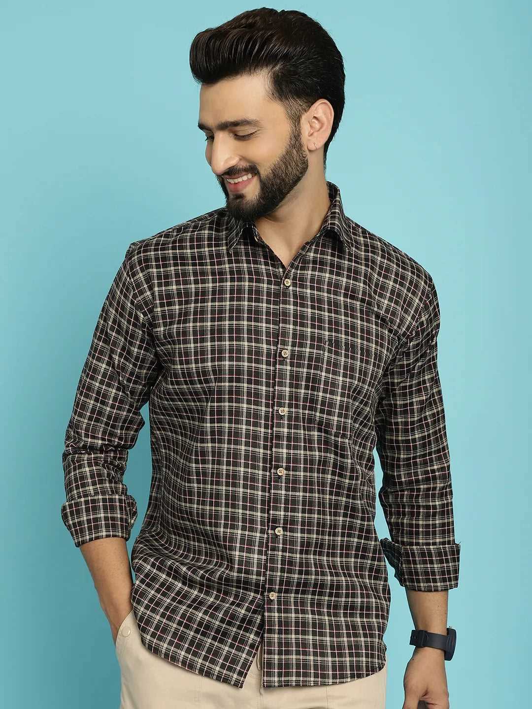 Classic Style Redefined Brown and Black Check Cotton Shirt for Men