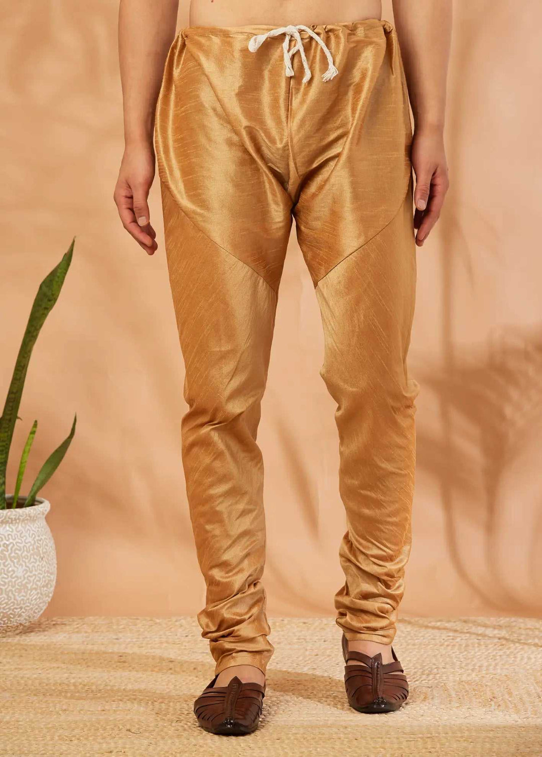 Gilded Glamour Golden Dupion Silk Churidar Pyjama for Men - Opulent Style, Timeless Sophistication