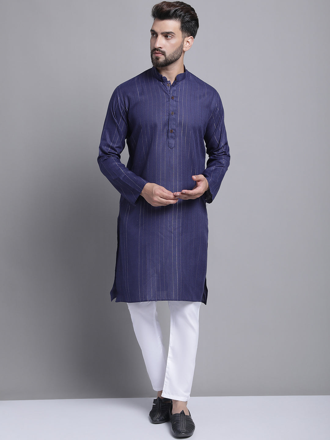 Men's Lining Cotton Regular Navy Blue Kurta With Pajamas.