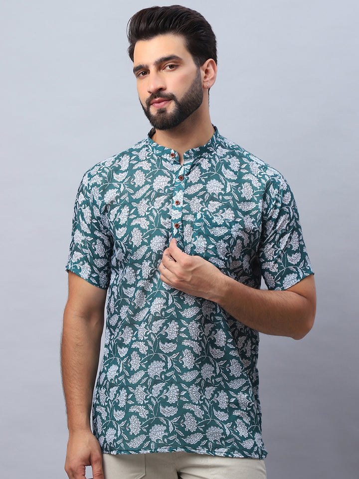 Green & White Floral Printed Cotton Half Sleeves Kurta for Men