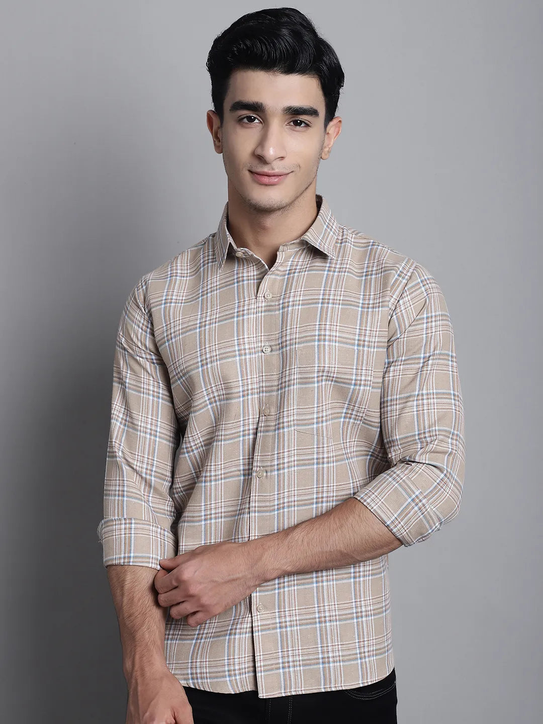 Understated Elegance Men's Beige Check Cotton Shirt – A Blend of Classic Style and Comfort