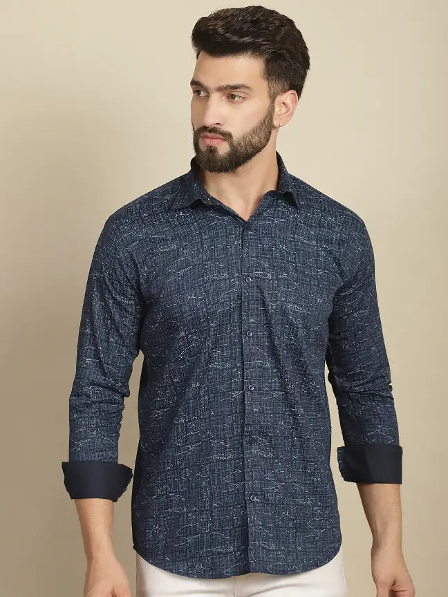 Blue Pure Cotton Printed Partywear Shirt for Men