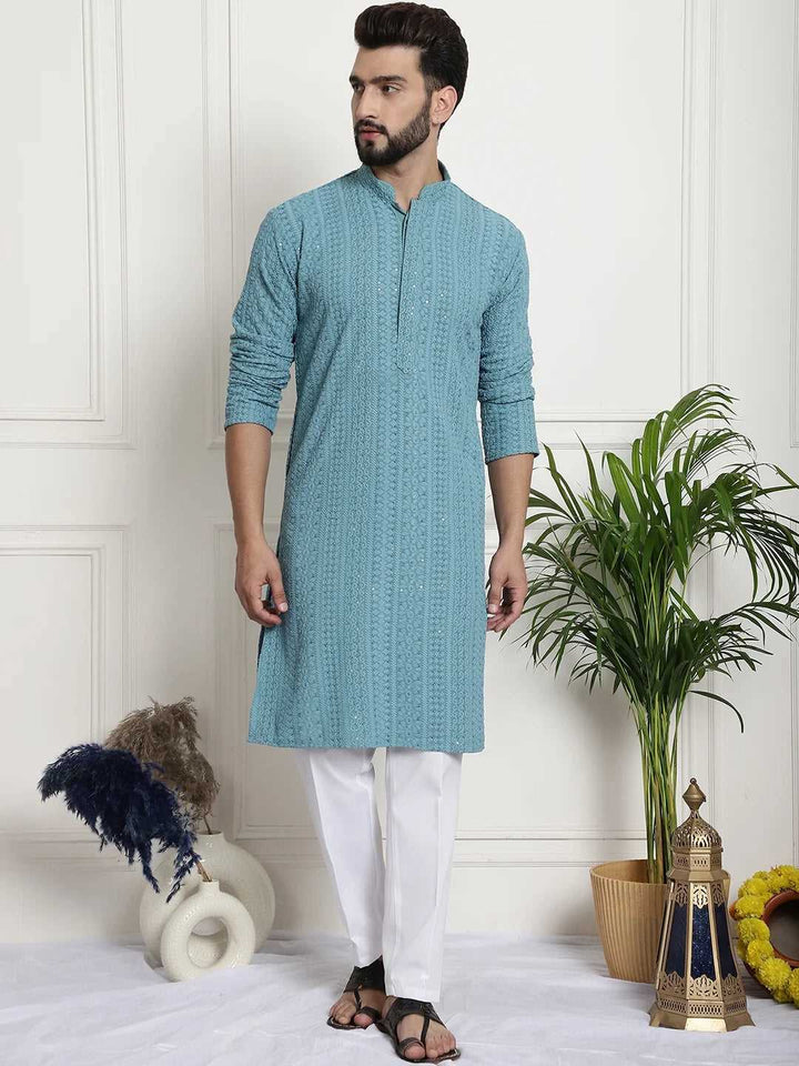 Men's Blue Chikankari Embroidered & Sequence Kurta Pant Set