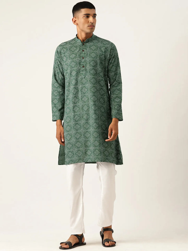 Emerald Enchantment Men's Green Printed Kurta Pajama Sets for Distinctive Style