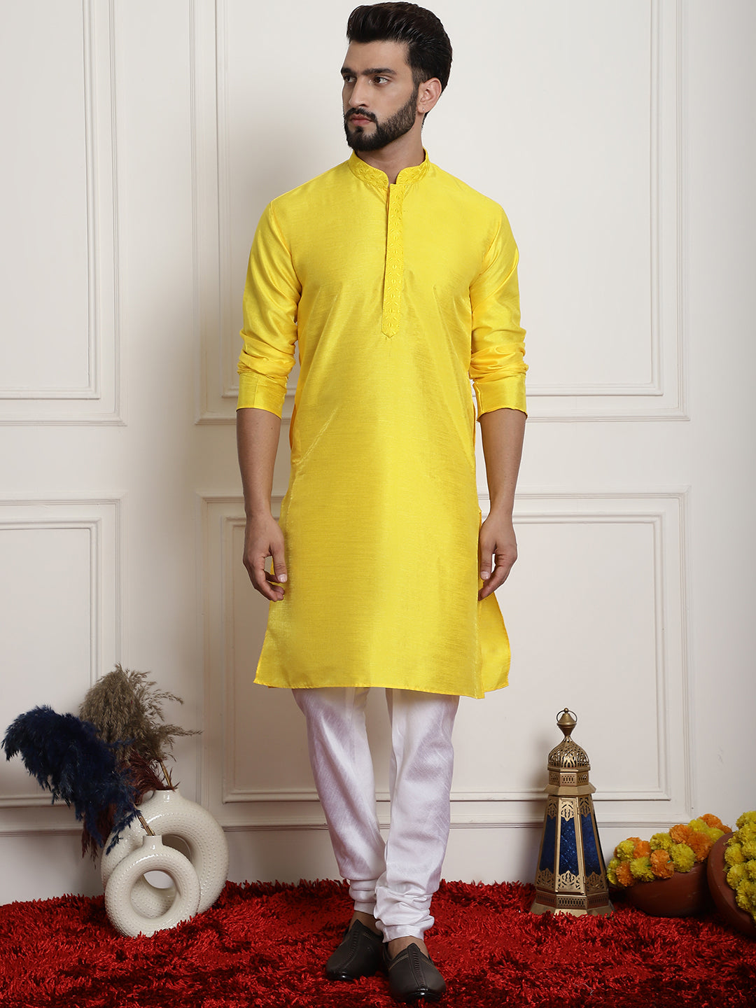 Yellow Solid Embroidered Kurta Churidar Pyjama Set for Men