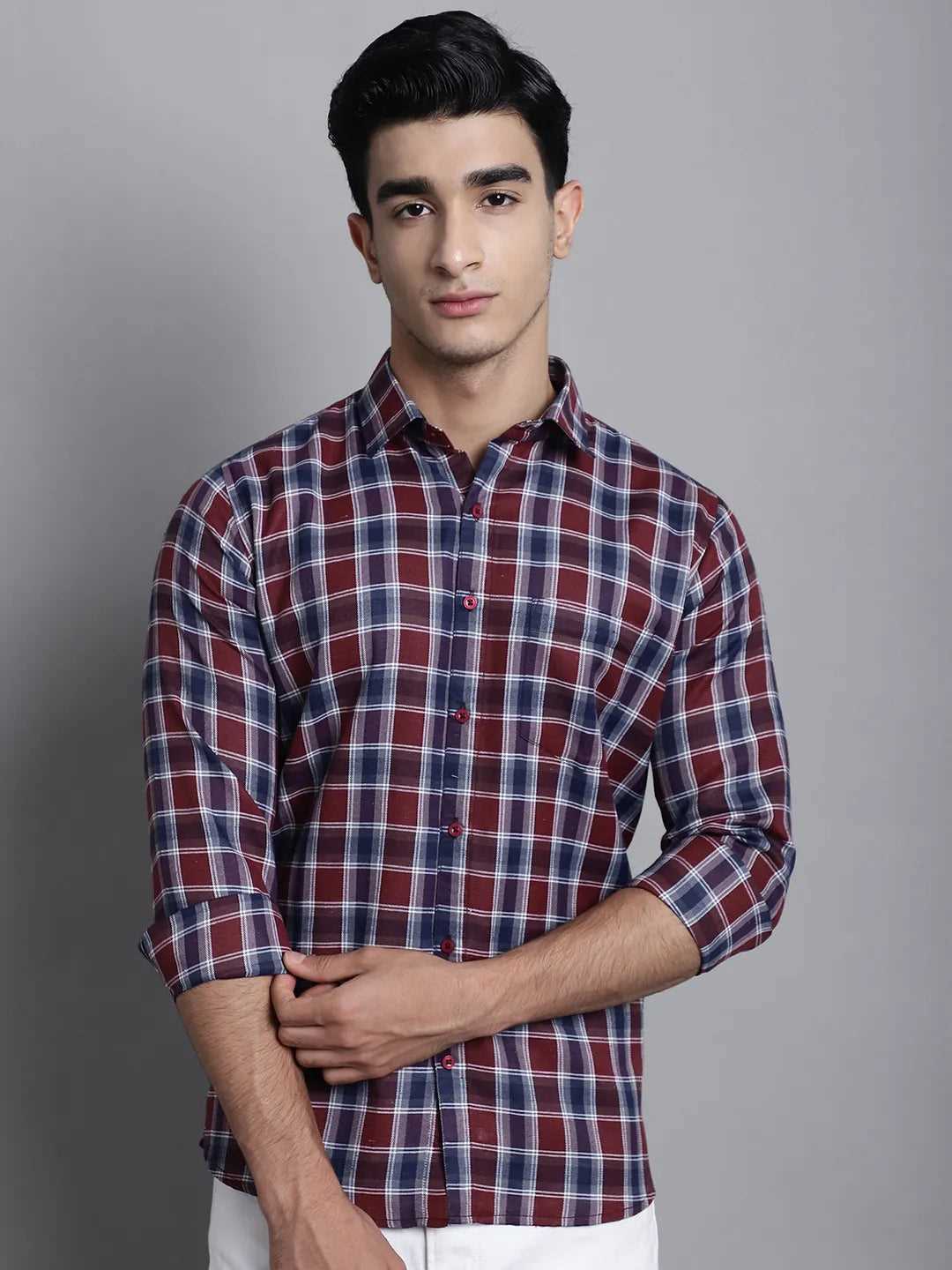 Bold Sophistication Men's Maroon Check Casual Cotton Shirt