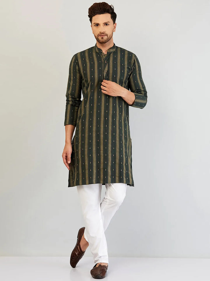 Emerald Elegance Self-Design Cotton Kurta Pyjama Set for Men