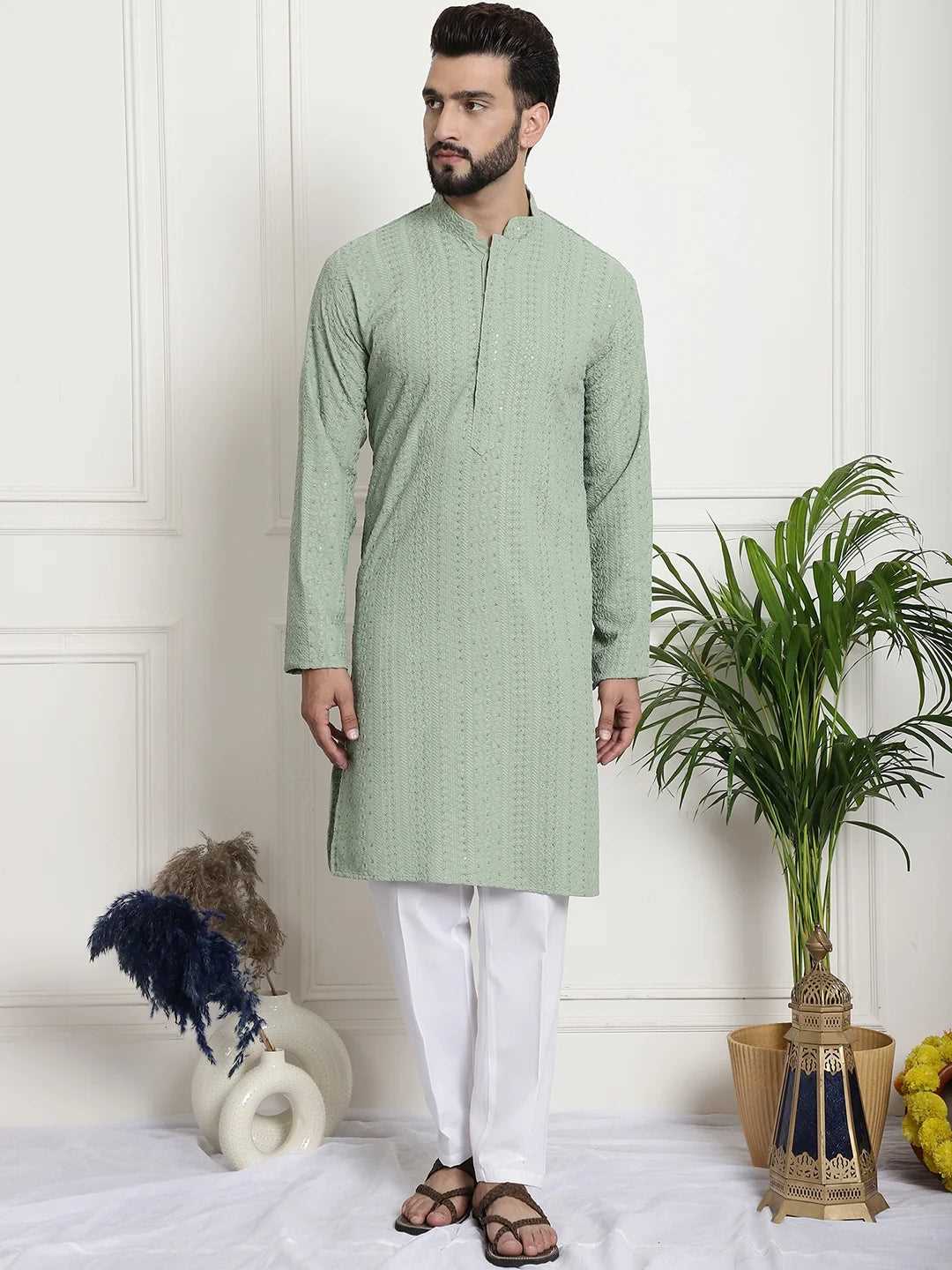 Men's Pista Chikankari Embroidered & Sequence Kurta Pant Set