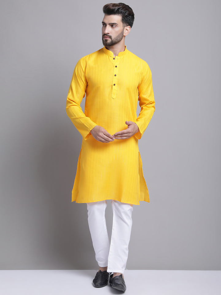 Men's Lining Cotton Regular Yellow Kurta With Pajamas.