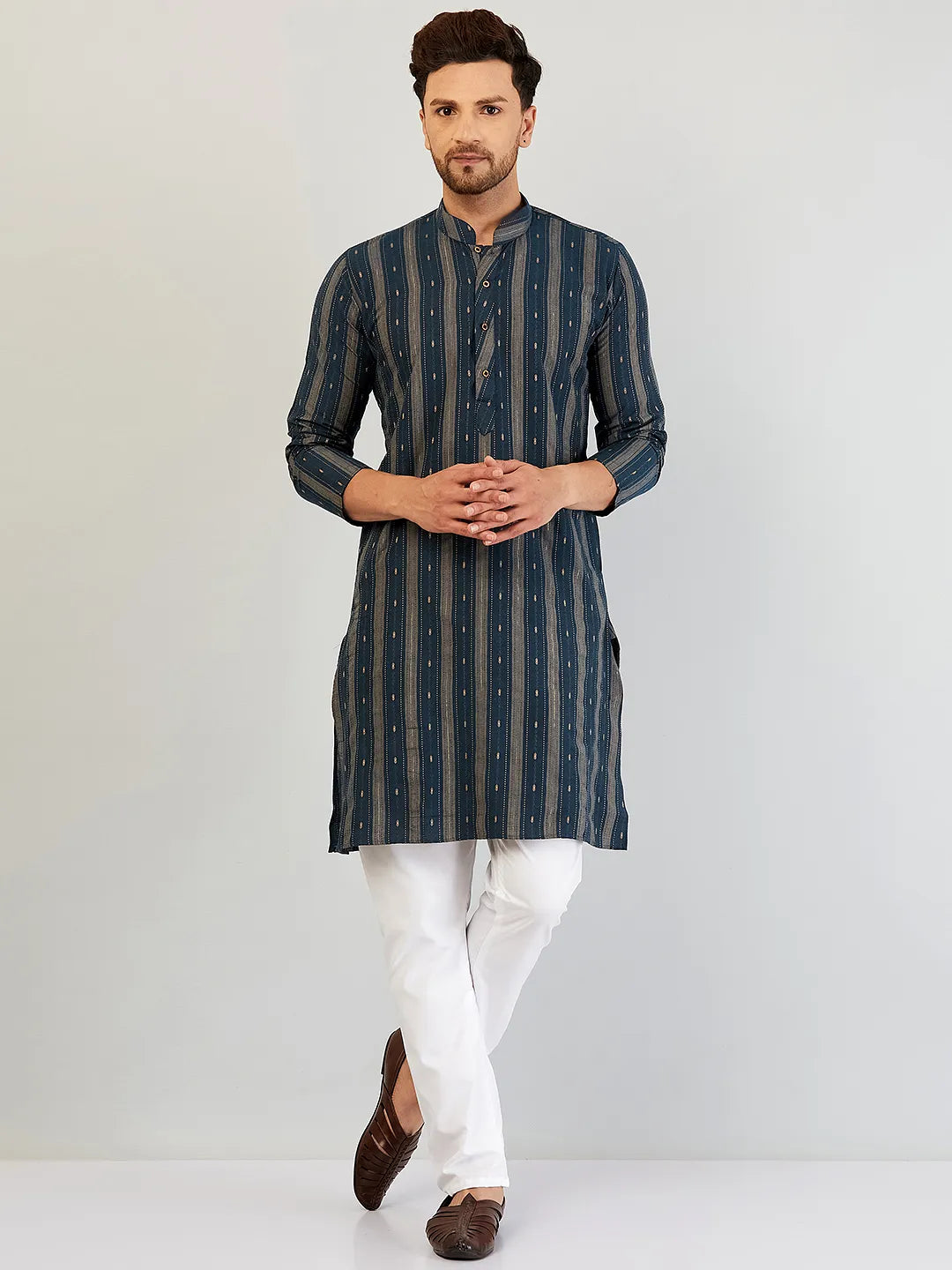 Serenade in Blue Self-Design Cotton Kurta Pyjama Set for Men – Timeless Elegance in Every Thread