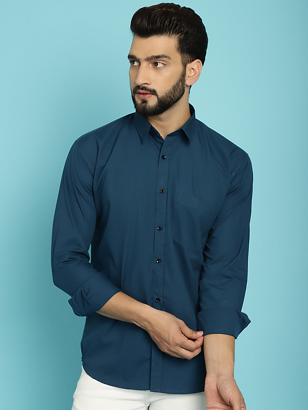 Men's Discover Effortless Elegance with Our Peacock Blue Casual Shirt