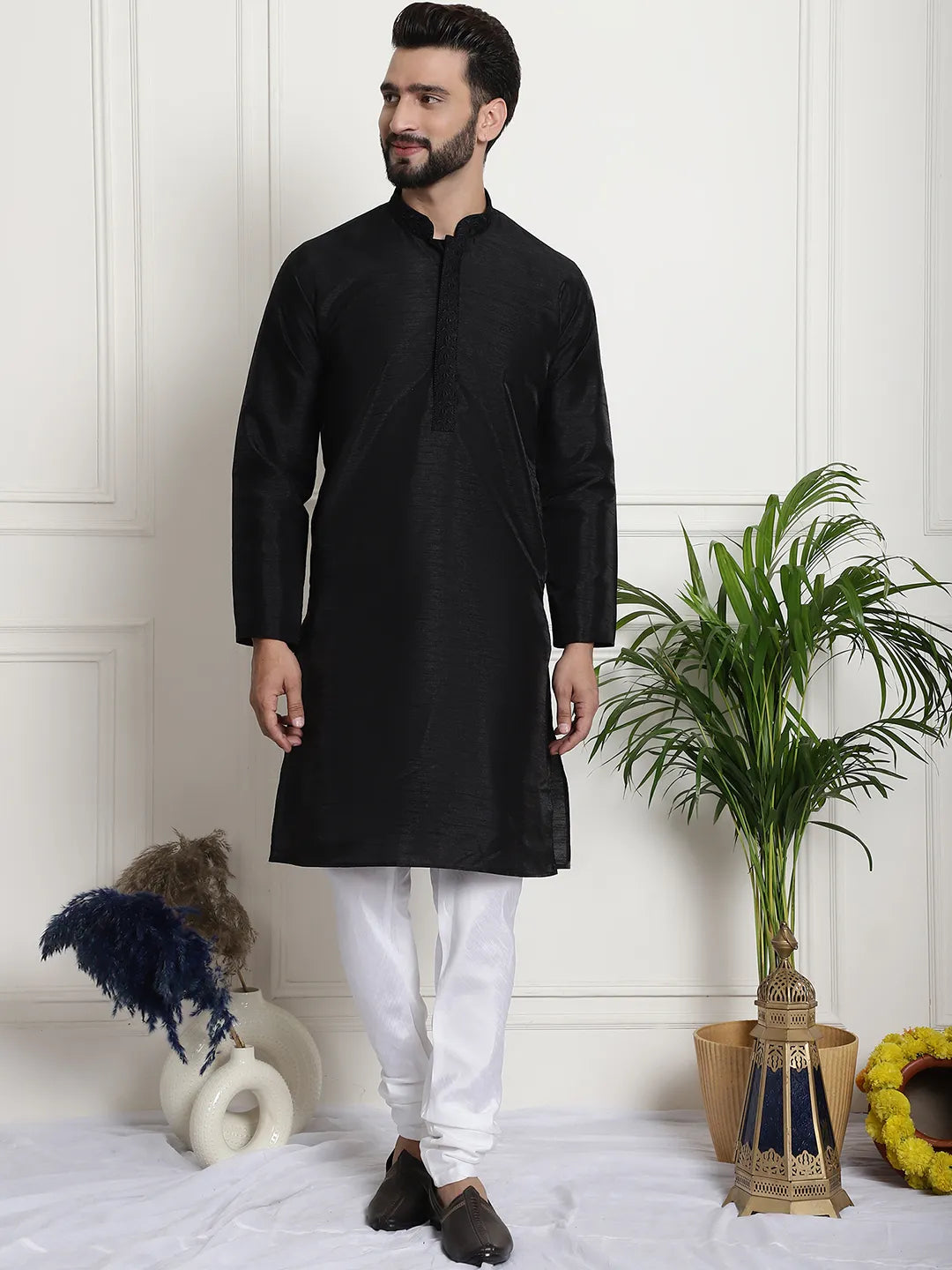 Timeless Chic Black Solid Plain Embroidered Kurta Pyjama Set for Men – Effortless Elegance in Classic Black