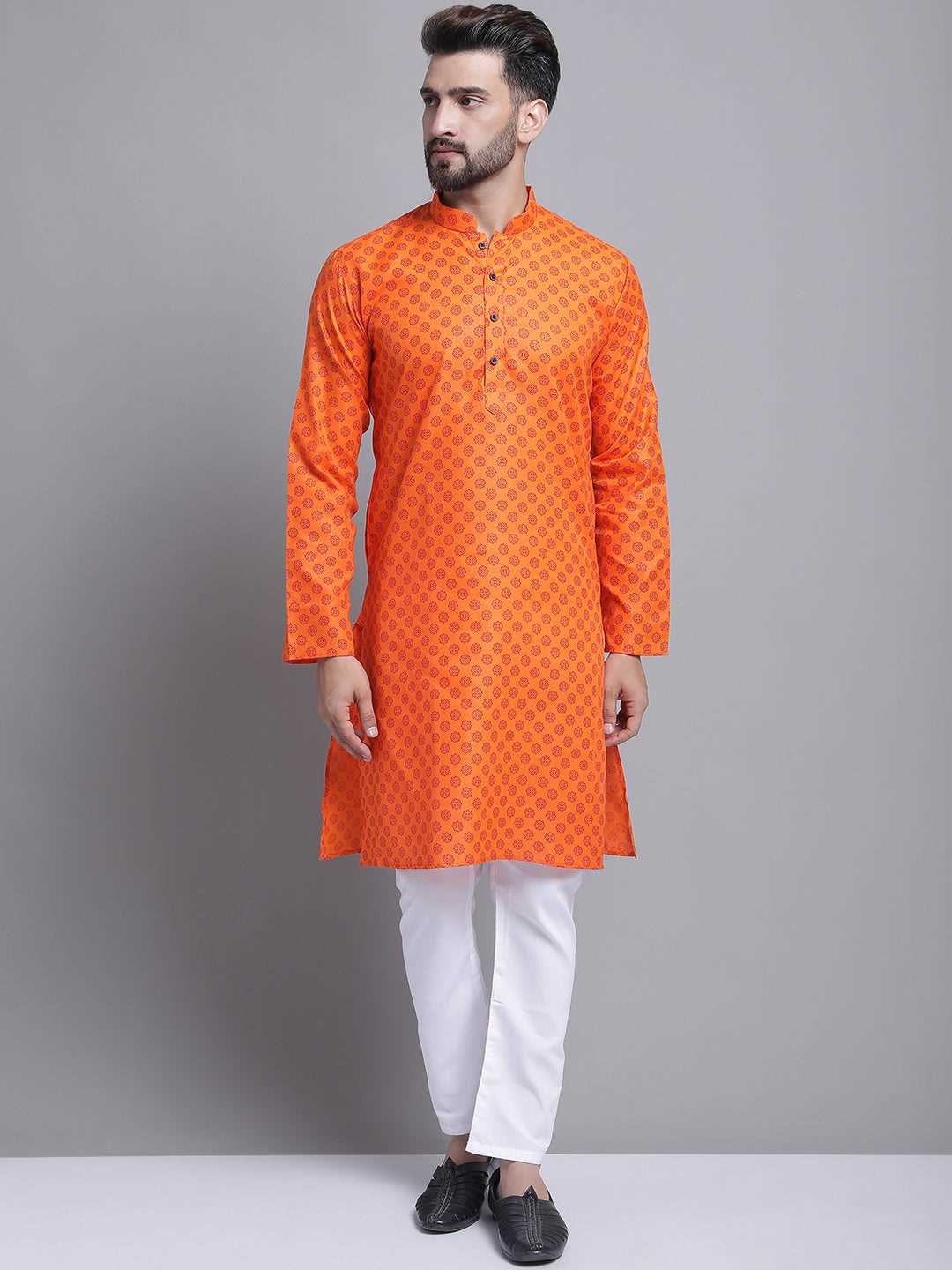 Men's Cotton Blend Regular Orange Kurta With Pyjama.