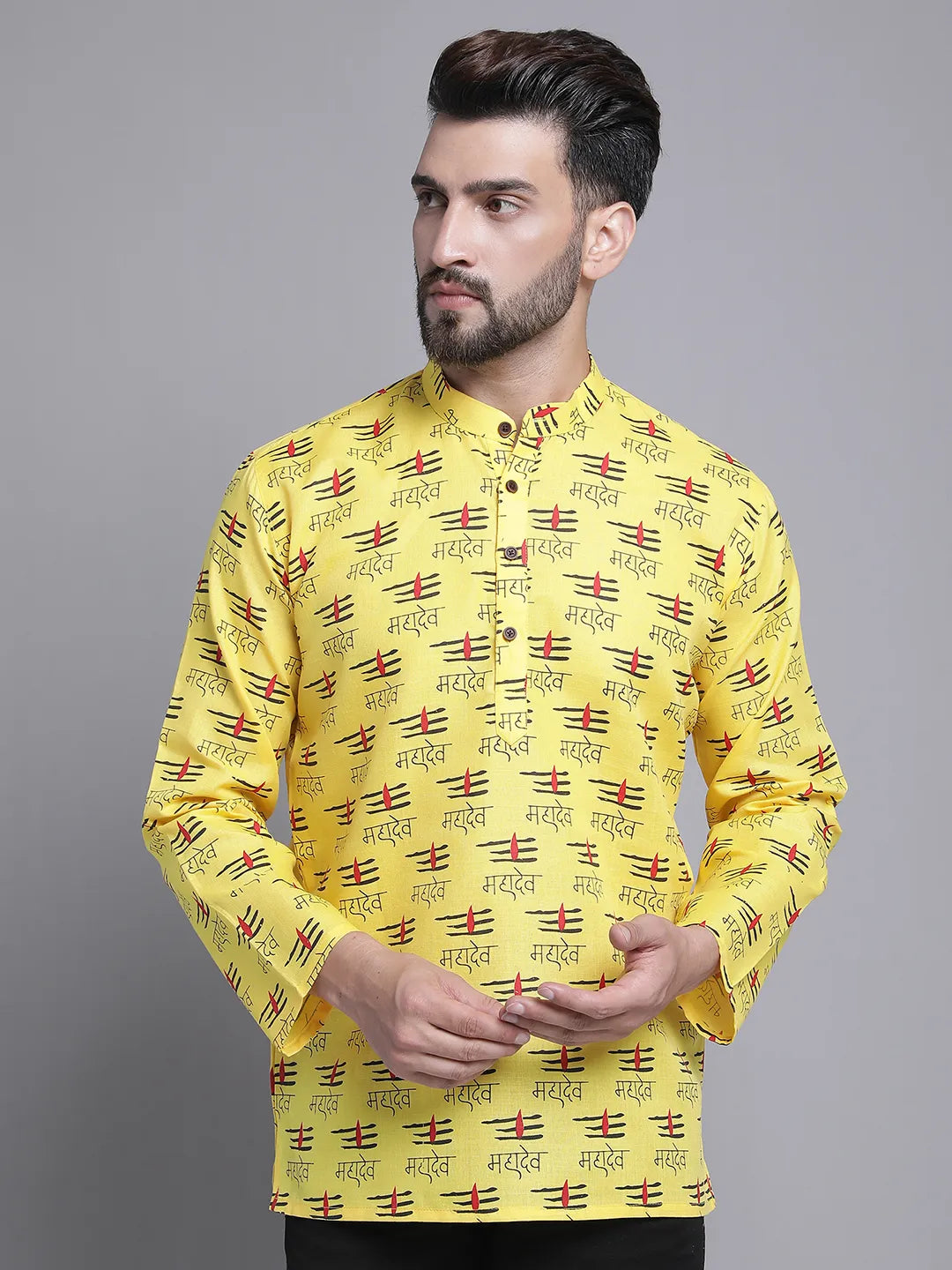 Yellow Mahadev Design Short Kurta for Men