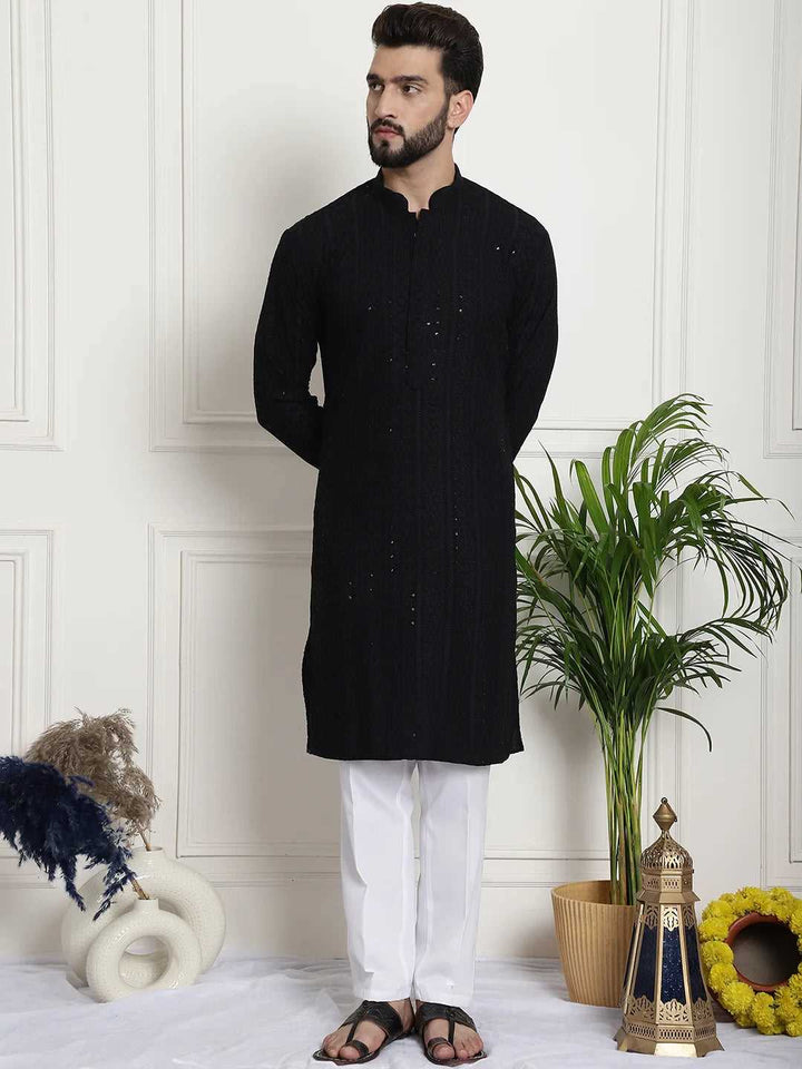 Men's Black Chikankari Embroidered & Sequence Kurta Pant Set