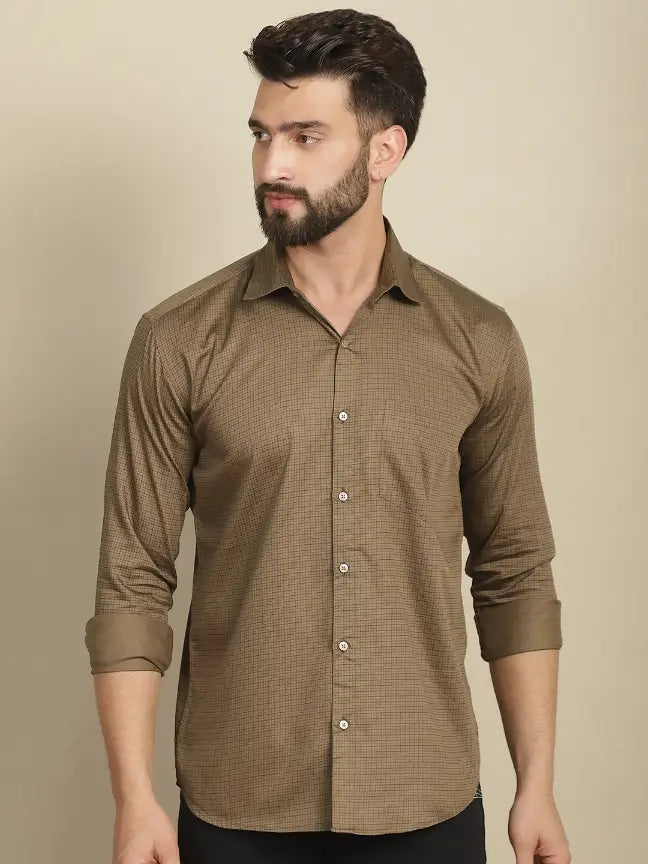 Brown Pure Cotton Checked Casual Shirt for Men