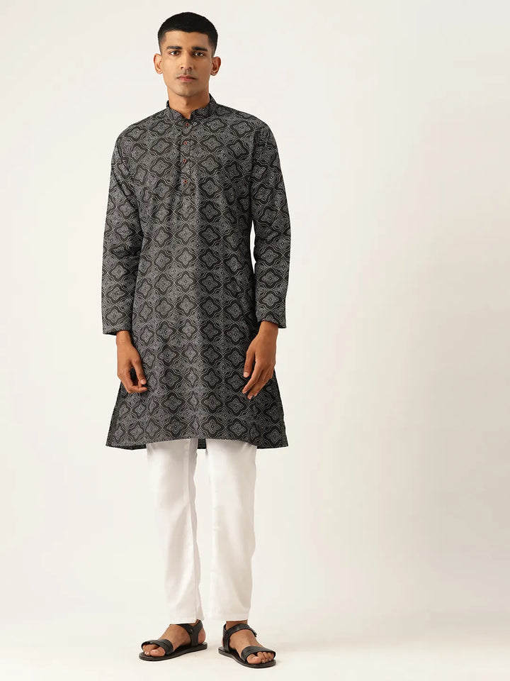 Timeless Sophistication Men's Black Printed Kurta Pajama Sets for Effortless Elegance