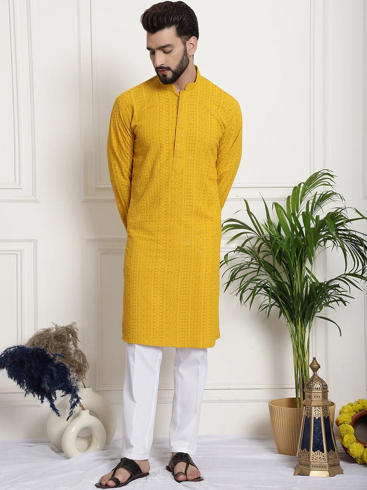 Men's Yellow Chikankari Embroidered & Sequence Kurta Pant Set