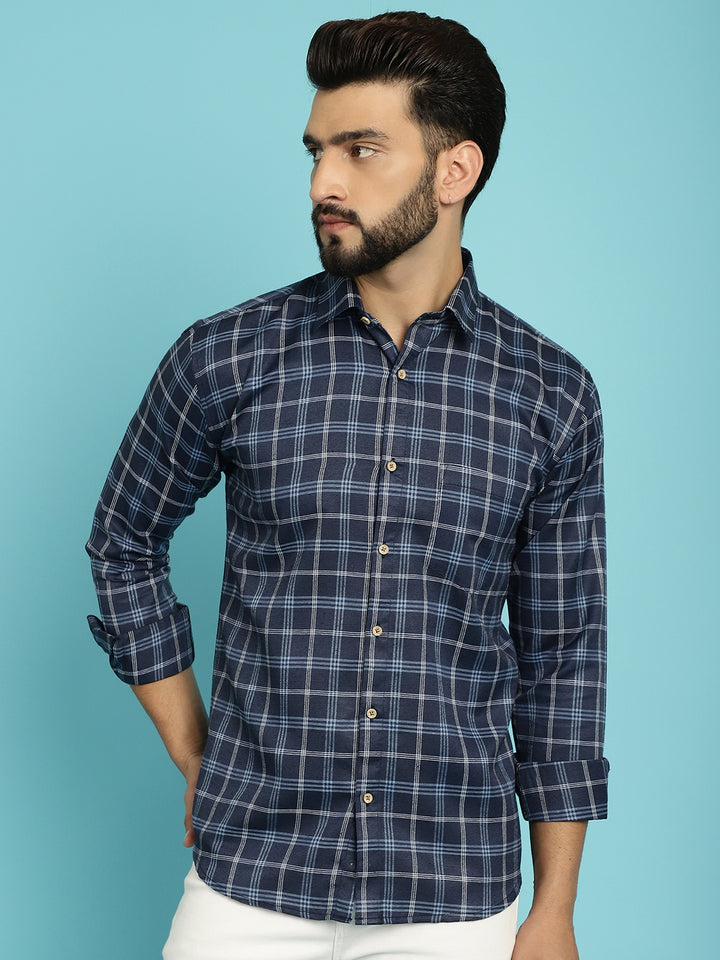 Nautical Elegance Men's Check Navy Blue Cotton Shirts for Stylish Sophistication