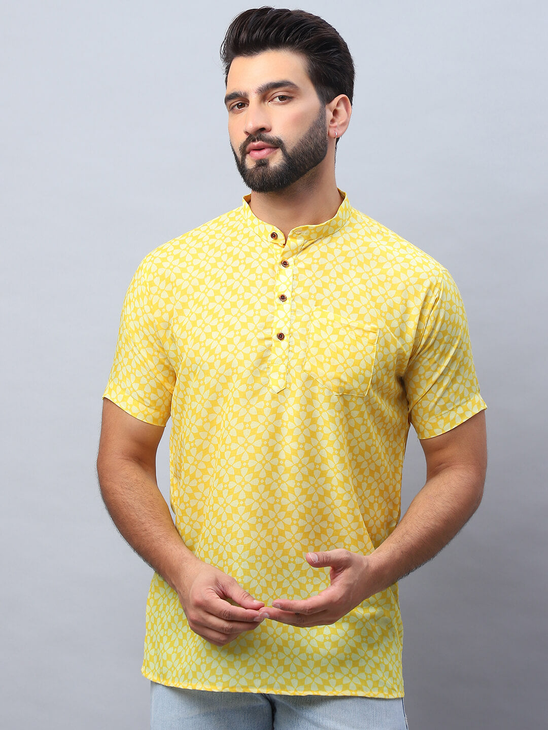 Yellow Floral Print Short Kurta for Men
