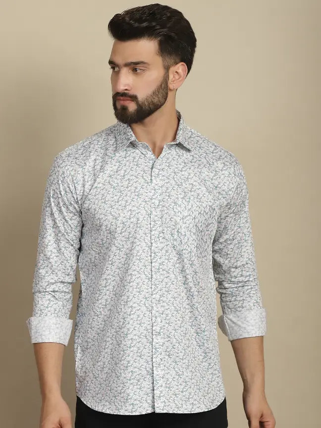 Satin White Pure Cotton Abstract Printed Casual Shirt for Men