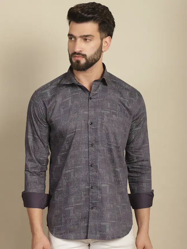 Grey Pure Cotton Printed Partywear Shirt for Men