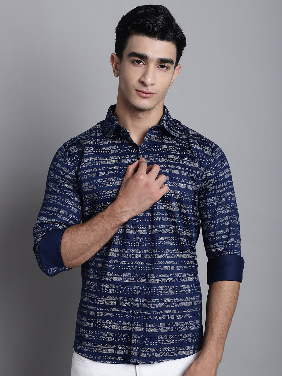 Understated Luxury Dive into Style with Our Dark Blue Printed Shirts for Men