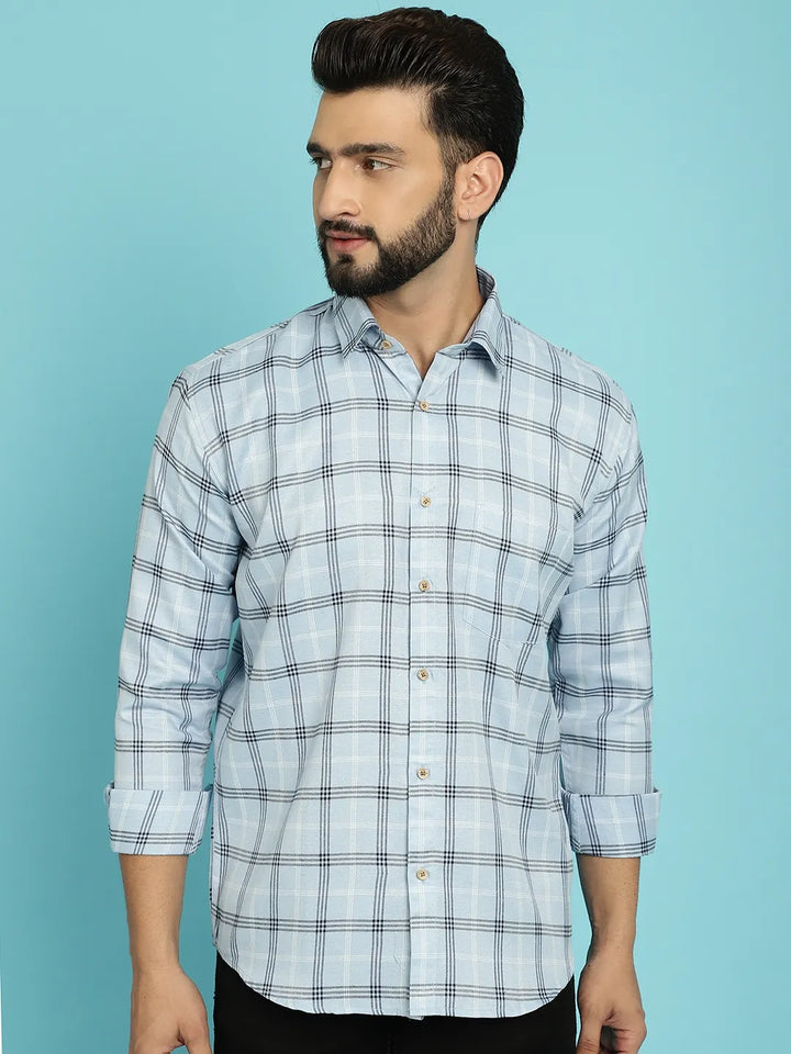 Sky Blue Sophistication Check Cotton Shirt for Men – Elevate Your Style with Timeless Charm