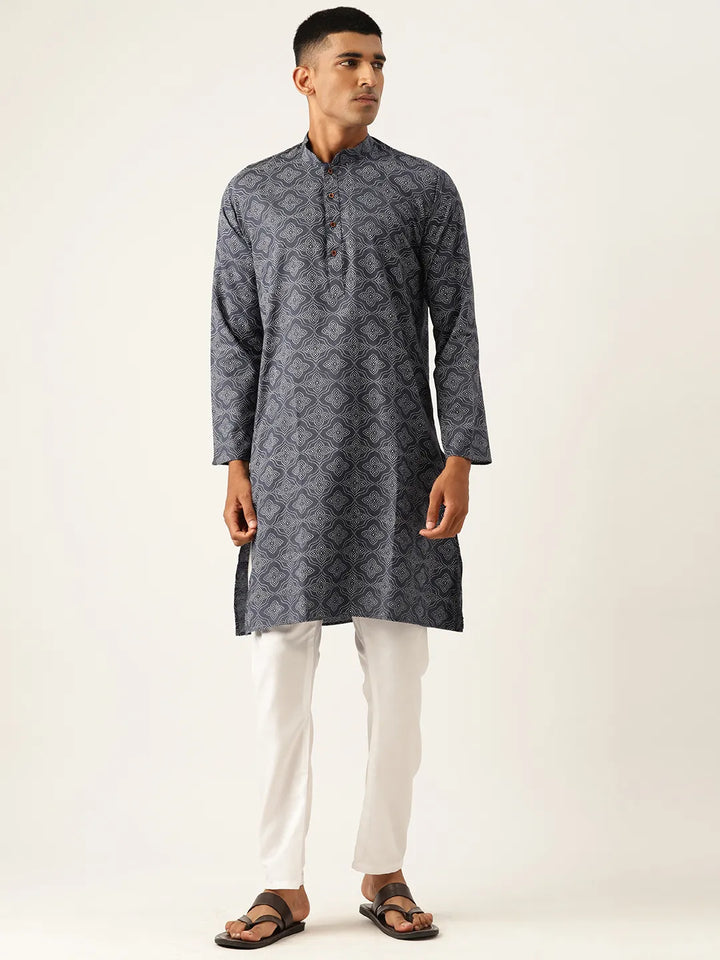 Midnight Opulence Navy Blue Printed Kurta Pajama Sets for Men's Timeless Elegance