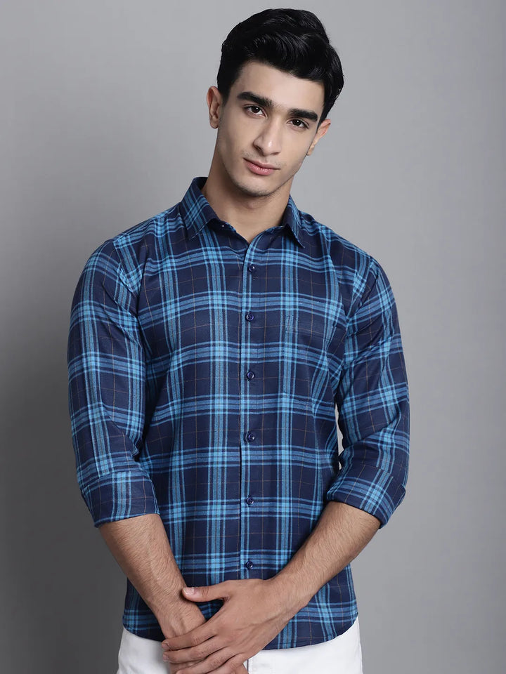 Nautical Chic Men's Navy Blue Check Casual Cotton Shirt – Timeless Checks, Contemporary Comfort