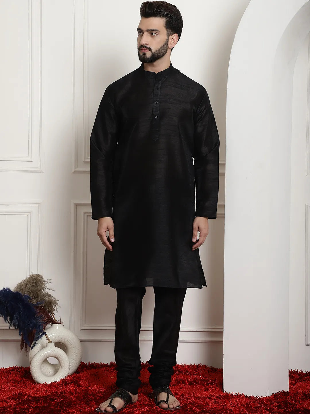 Timeless Allure Black Silk Dupion Kurta and Churidar Set - Classic Elegance for Men