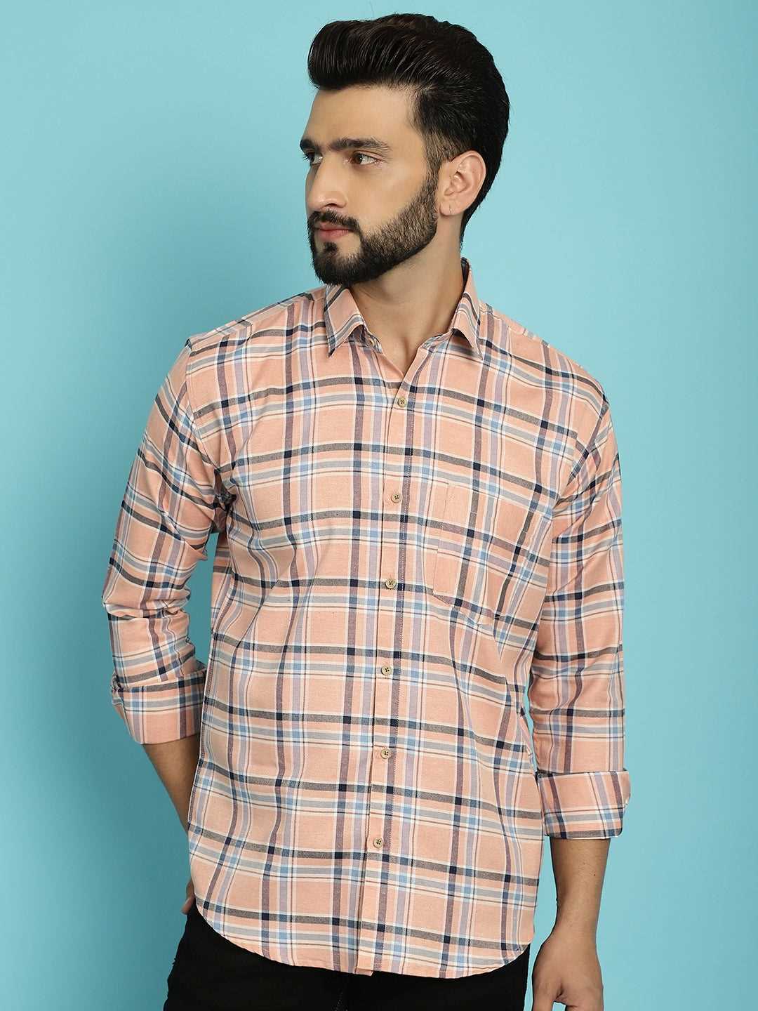 Men's Embrace Style with Our Peach Colour Check Shirt