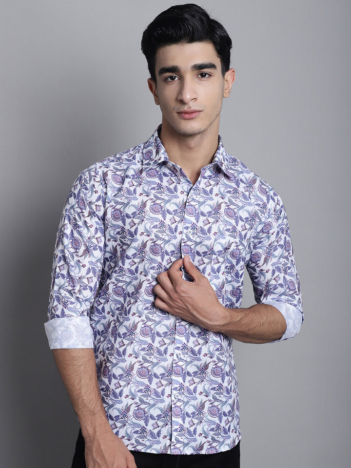 White and Blue Printed Cotton Men's Shirts for Effortless Style