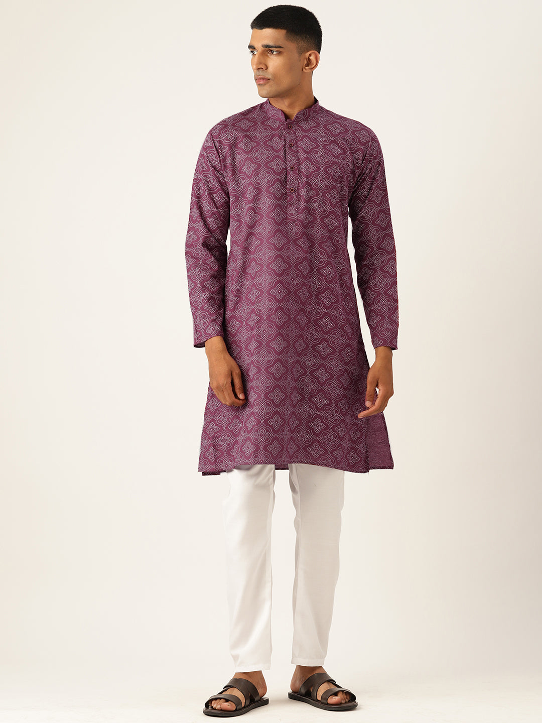 Block Printed Mandarin Collar Cotton Linen Maroon Straight Kurta