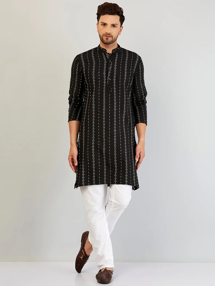 Men's Black Self Design Cotton Kurta Pajama Set