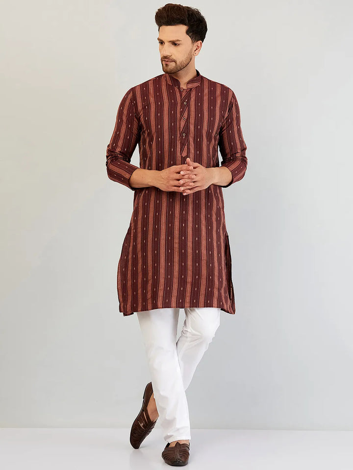 Radiant Red Self Design Cotton Kurta Pyjama Set for Men – Elevate Your Style with Timeless Elegance