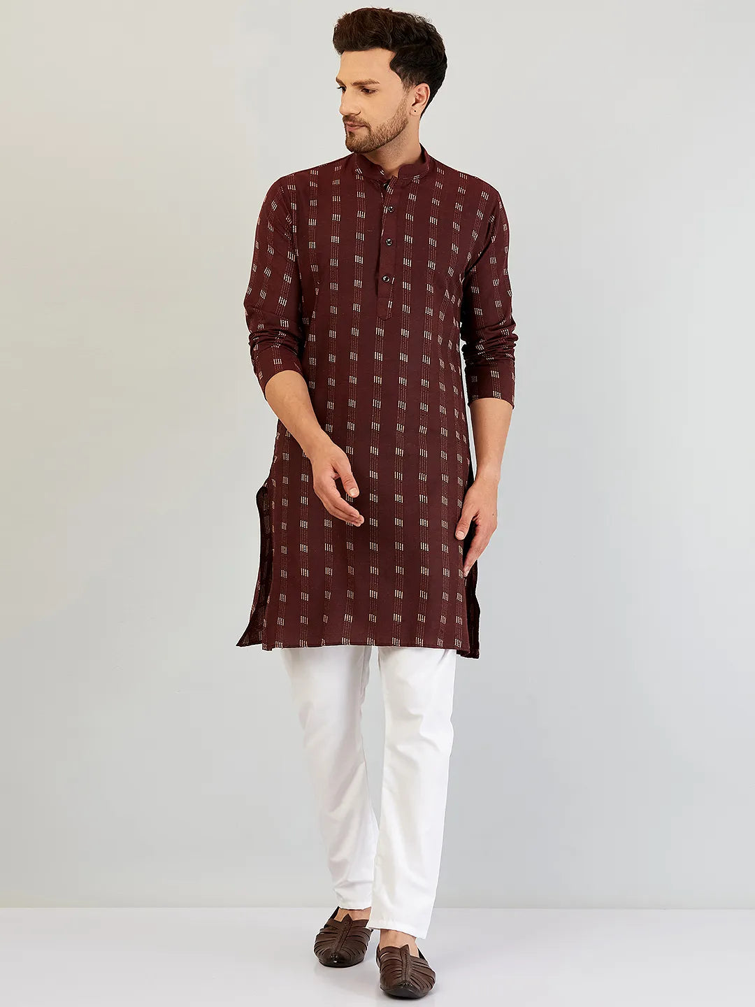 Wine Symphony Self-Design Cotton Kurta Pyjama Set for Men – Timeless Elegance in Rich Burgundy Hues