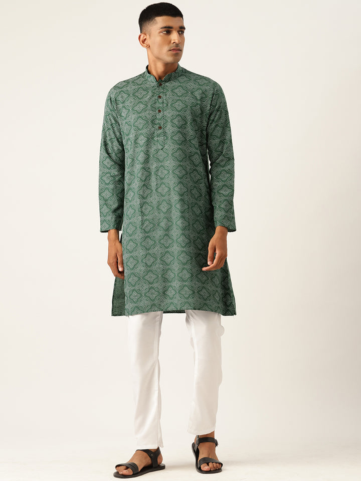 Mandarin Collar Ethnic Printed Cotton Green Regular Kurta