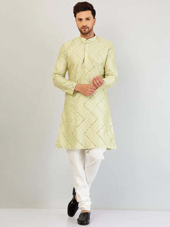 Pista Green Elegance Mirror Work Kurta and Churidar Set for Men - Reflecting Style with Traditional Flair