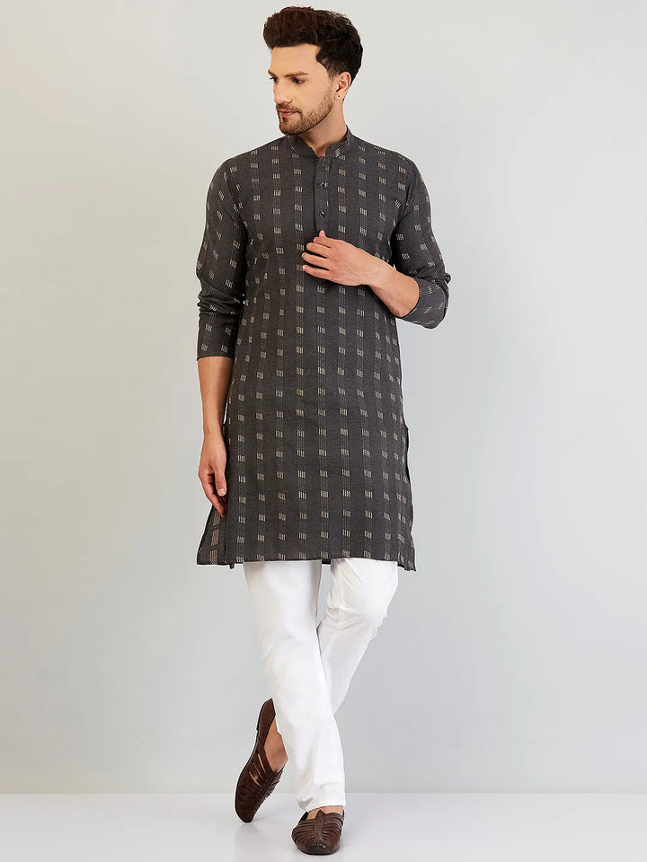 Timeless Grey Elegance Self-Design Cotton Kurta Pyjama Set for Men – Classic Sophistication in Every Thread