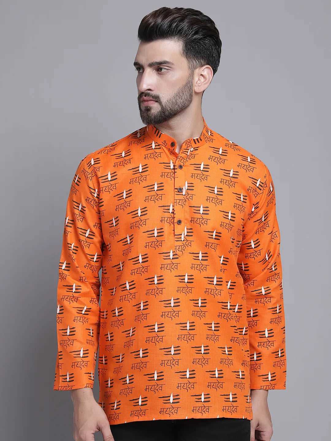 Divine Radiance Orange Mahadev Design Short Kurta for Men