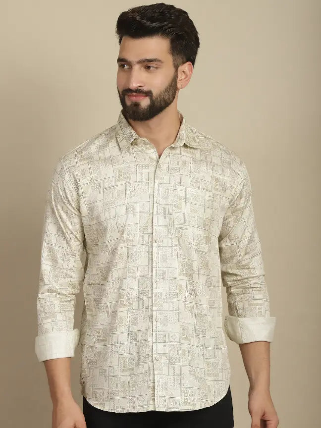 Satin Beige Pure Cotton Abstract Printed Casual Shirt for Men