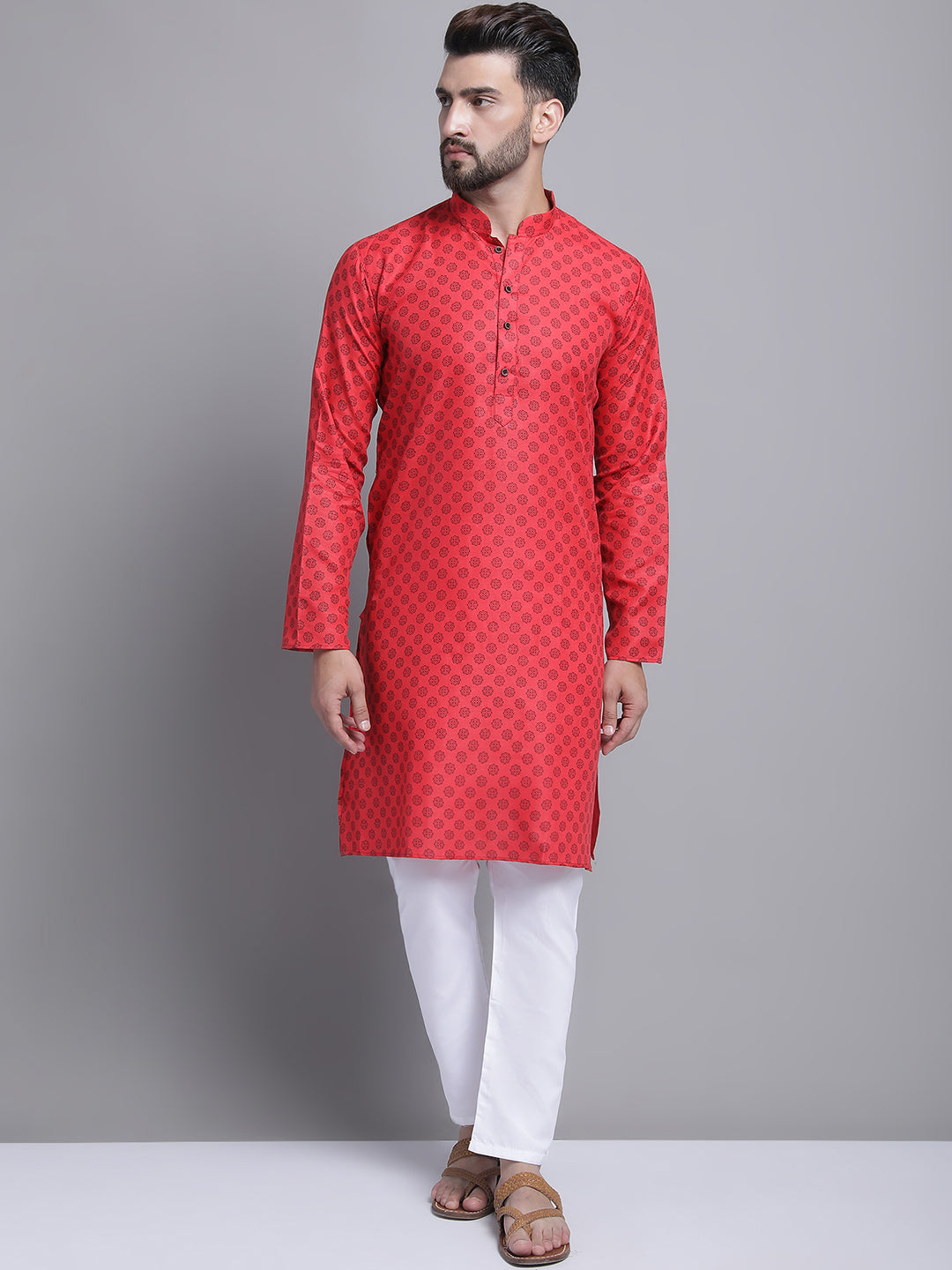 Men's Blend Cotton Printed Regular Red Kurta With Pajamas.