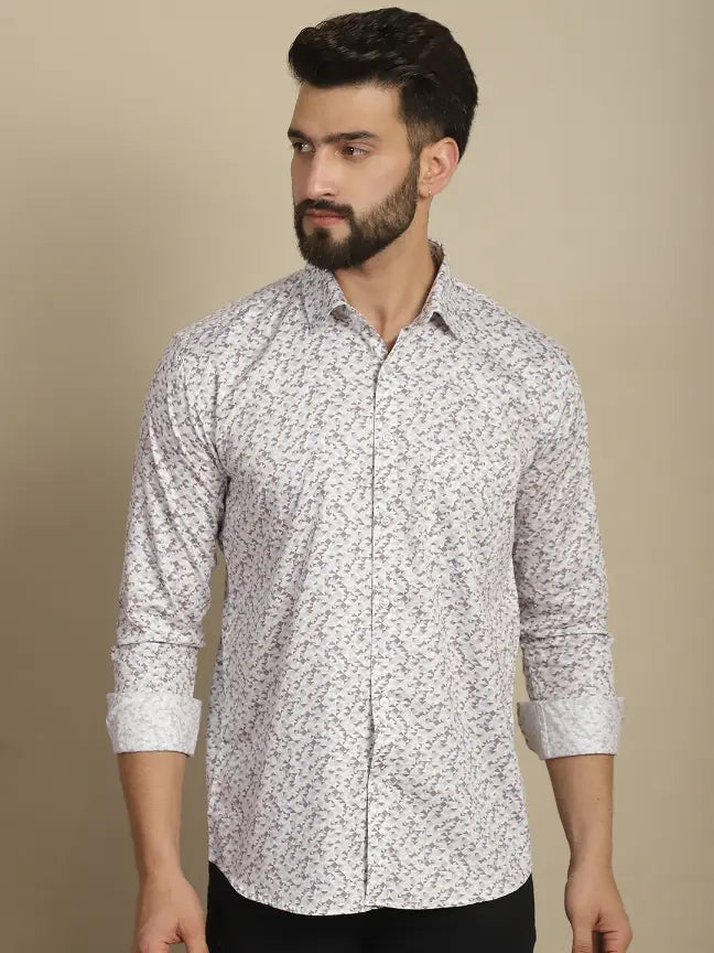 Satin Cream Pure Cotton Abstract Printed Casual Shirt for Men