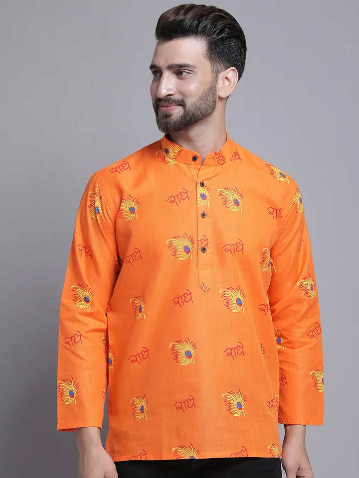 Orange Radhe Radhe Design Short Kurta for Men