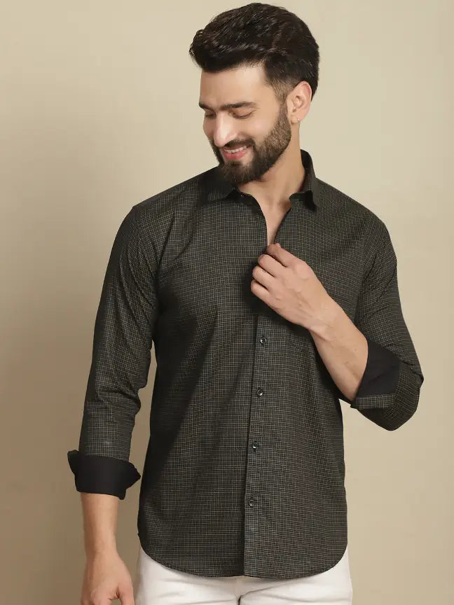 Black Pure Cotton Checked Casual Printed Shirt for Men