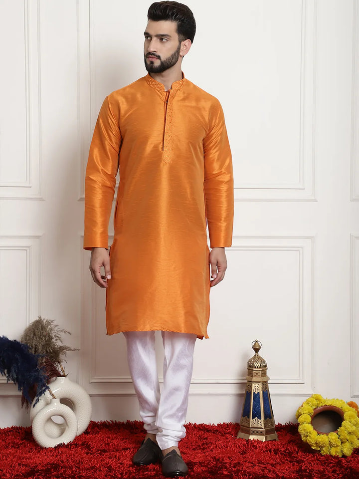 Tangerine Elegance Solid Plain Embroidered Kurta Pyjama Set for Men – Radiate Style in Captivating Orange Hues