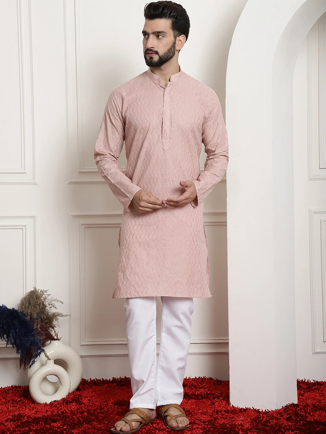 Peach Cotton Chikankari Sequence Kurta with White Pajama Set for Men