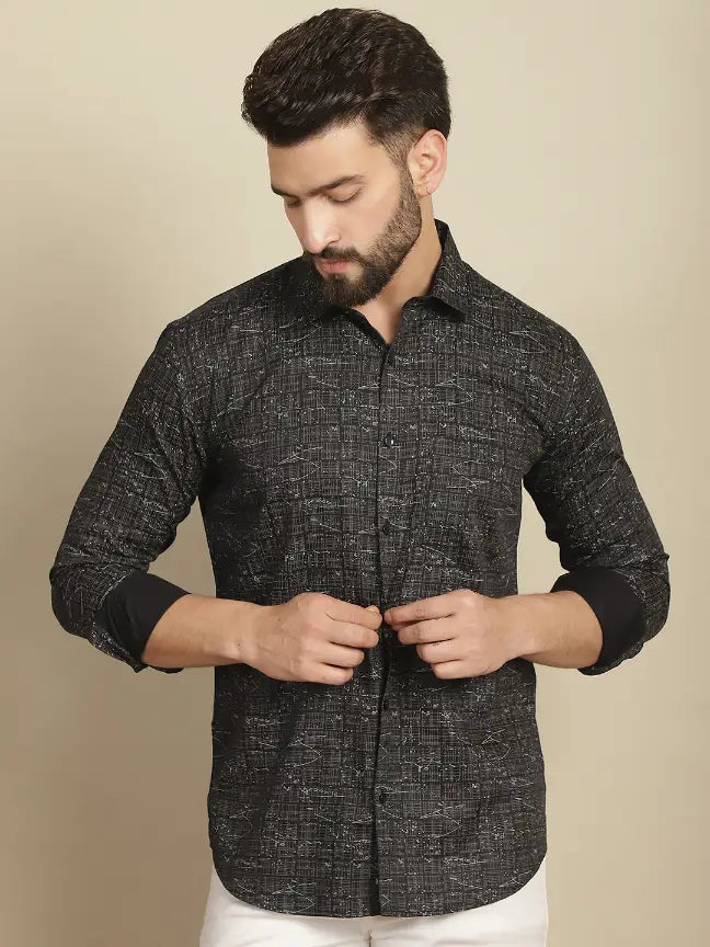 Black Pure Cotton Printed Partywear Shirt for Men